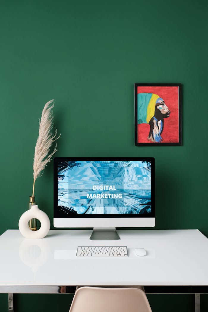 gallery-03 A sleek modern workspace featuring digital marketing concepts on a computer screen and artistic decorations.